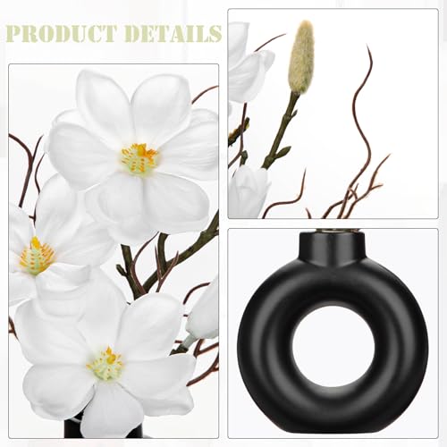 Briful 2PCS Magnolia Artificial Flowers with Black Vase White Magnolia Floral Arrangement Faux Potted Silk Flowers for Home Office Bathroom Kitchen Shelf Table Centerpiece Modern Decor - color: White Black