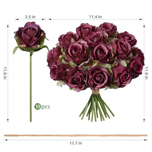 Ivydale 18pcs Burgundy Roses Artificial Flowers, Fake Roses Silk Flowers with Stems Realistic Bouquet for Mother's Day Wedding Party Home Decoration DIY Centerpiece Floral Romantic Gifts - color: Rose-burgundy