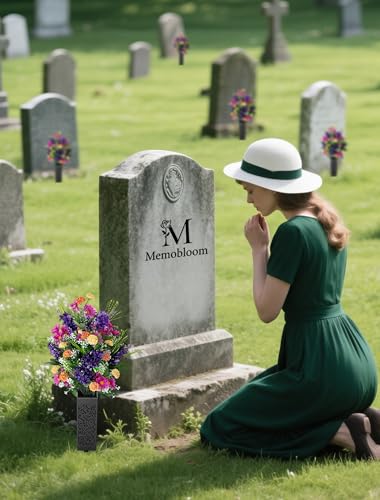 Artificial Cemetery Flowers for Grave: Memorial Day Flowers for Cemetery - Outdoor Grave Decorations - 2 Pcs Purple Violet Mums Bouquets with Vases - color: Purple & Pink