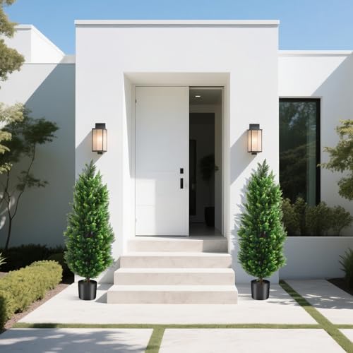 4FT Artificial Topiary Cedar Trees 2 Set, Fake Trees Outdoor Indoor UV Resistant Faux Bushes Artificial Shrubs for Garden Home Front Door Office Decor