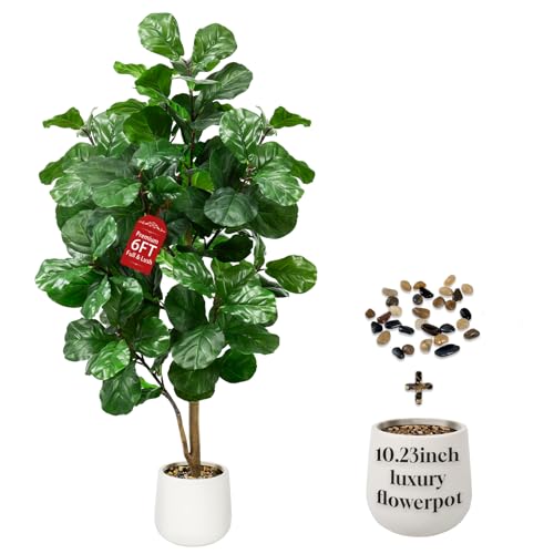 Faux Fiddle Leaf Fig Tree 6ft Tall Indoor Fake Tree in White Pot with 106 Leaves Artificial Ficus Lyrata House Plant for Indoor Home Office Bedroom Living Room Decor Perfect Housewarming Gift - size: 6ft