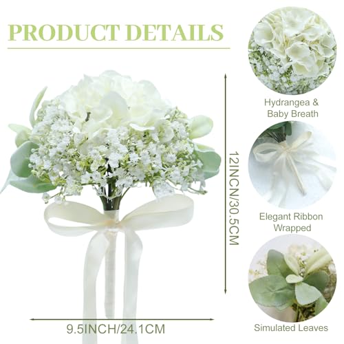 Artificial Bridesmaid Bouquets Set of 6 - Ivory White 9 Inch Flower Bouquet for Wedding Party Ceremony Anniversary Dinning Table Centerpieces Decor Faux (Hydrangea & Babys Breath & Ribbon) - color: Hydrangea