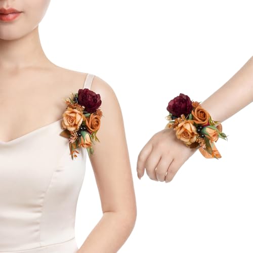 Ling's moment 2pcs Prom Wrist/Shoulder Corsage Artificial Flower, Girl/Mother Homecoming/Wedding Corsage Wristlet Décor, etc. Terracotta Cream - color: Or-terracotta & Cream