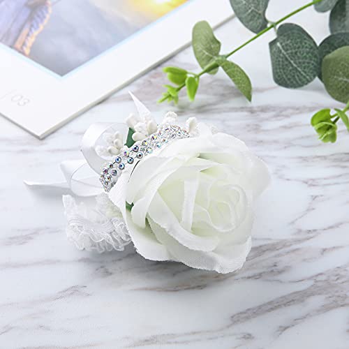 Wrist Corsage Boutonniere Set, Artificial Rose Bridesmaid Bride Wrist Corsage and Groom Men Boutonniere for Wedding Party Prom (Boutineer Corsage- White, 6 PCS) - color: Boutonniere Corsage- White, size: 6 Packs