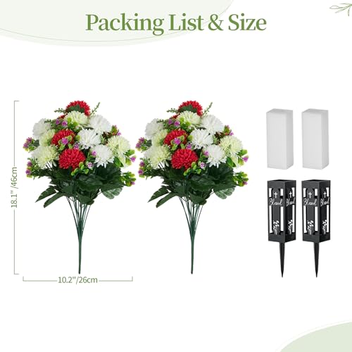 Artificial Cemetery Flowers for Grave: 2 Pcs 18 Heads Fake Mums Flowers with Vase for Cemetery Spring Decorations Outdoor Grave - color: Green & White & Red