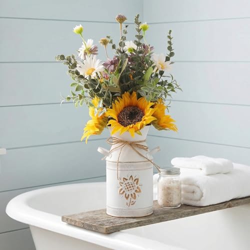 Fake Flowers in Vase,Sunflowers Artificial Flowers Silk Flower Arrangements with Metal Flower Vase Faux Flowers Sunflower Kitchen Decor Yellow Bathroom Decor Sunflower Gifts for Women (Yellow)