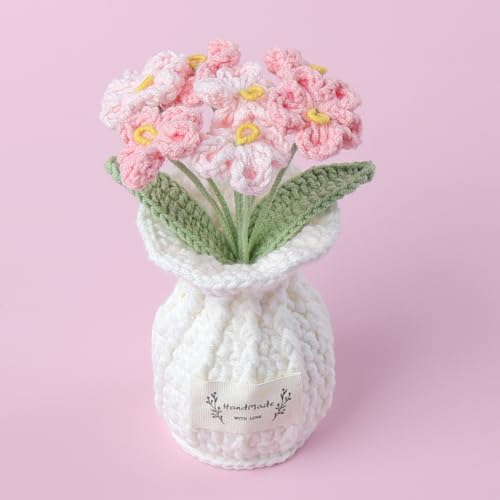 Forget Me Not Crochet Flower Plant, Small Cute Handmade Knitted Flowers with Vase, Small Crochet Potted Artificial Flower Plants for Desk Home Car Dashboard Office Decorations (Forget Me Not-Pink) - color: Forget Me Not-pink