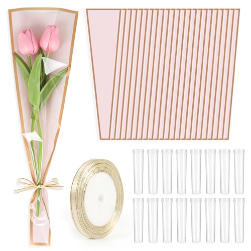 50 Pcs Flower Water Tubes with 50 Pcs Pink Single Rose Sleeve Holder for Bouquets with 72 Ft Ribbon Flower Vials Individual Single Stem Floral Wrapping Bag for Mother's Day Florist Supplies - color: Pink, size: single flower wrap