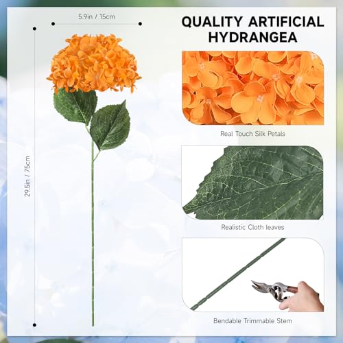 6 PCS Artificial Hydrangea Flowers, Faux Silk Hydrangea with Long Stems, Home Wedding Decor, Table Centerpieces, Party Decorations(Orange) - color: Orange