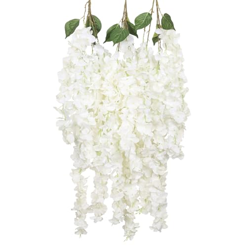 3PCS Artificial Wisteria Hanging Flowers, 5.25ft Ivory Wisteria Garland with 6 Branches Realistic Silk Ivory Hanging Flowers for Decoration, Wedding Arch, Party Backdrop, and Home Wall Decor - color: Ivory
