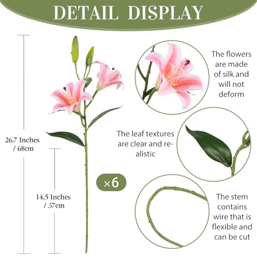 6PCS Artificial Lilies 26.7" Silk Lily Flowers with 12 Heads Fully Bloomed Lilies and 18 Buds, Long Stem Fake Lilies for Home Party Wedding Easter Decor(Pink) - color: Deep Pink