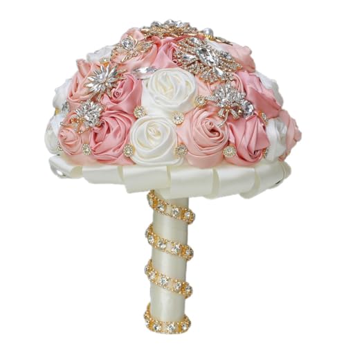 Blush Pink and Ivory Bridal Wedding Bouquet with Gold Brooch Bling Rhinestone Bouquet for Bride Bridesmaid Quinceanera Satin Dusty Rose Flower Bouquet Wedding Blush Pink and Ivory 8.7in - color: Blush, Pink & Ivory (Standard Size: Dia.8.7")