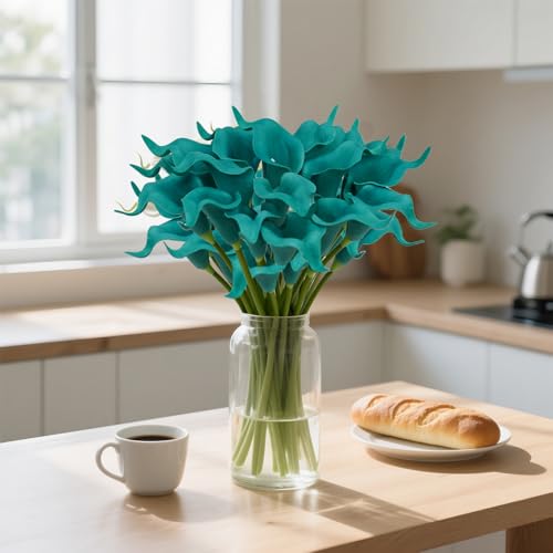 20Pcs PU Calla Lily Artificial Flowers Indoor Fake Flowers Artificial Realistic Fake Flowers for Wedding Bouquet Home Decoration Faux DIY Party Living Room Bed Room Kitchen(Blue)