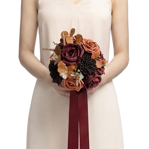 Ling's moment Burgundy & Burnt Orange Artificial Wedding Flower Bouquets for Bridesmaids Red Floral Bouquet Bridesmaid Bouquets with Ribbon Ceremony Anniversary,7-inch Diameter - color: Rd-burgundy & Burnt Orange