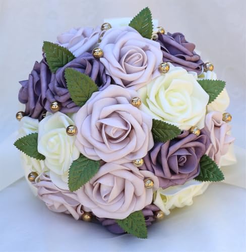 Handmade Wedding Bouquet Artificial PE Rose Bride Bridesmaid Bouquet with Soft Ribbons Wedding Hand Holding Artificial Fake Flowers Toss (B-Light Purple & Purple & Ivory, 6.7"/17cm) - color: B-light Purple & Purple & Ivory, size: 6.7"/17cm