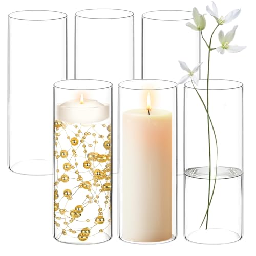 6 Pack Flower Glass Cylinder Vases for Centerpieces 10 Inch Tall Bulk Clear Vase Hurricane Floating Candle Holder for Table Home Decoration Wedding Holiday Floral Shelf Party Dining Decor - size: 10 Inch