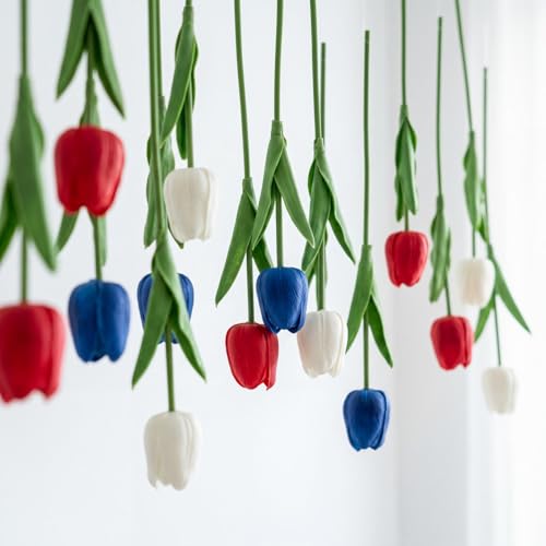 12 Pack Red White Blue 5 ft Artificial Hanging Tulips Garland, 4th of July Dangling Faux Tulip Wall Ceiling Patriotic Hanging Flower for Independence Day 250th Anniversary Home Party Decor - color: Red White Blue