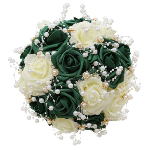 Round Green Ivory Artificial PE Rose Bouquet with Pearl and Rhinestone for Bridal Toss and Bridesmaids Suit for Wedding Party - color: Green Pearls