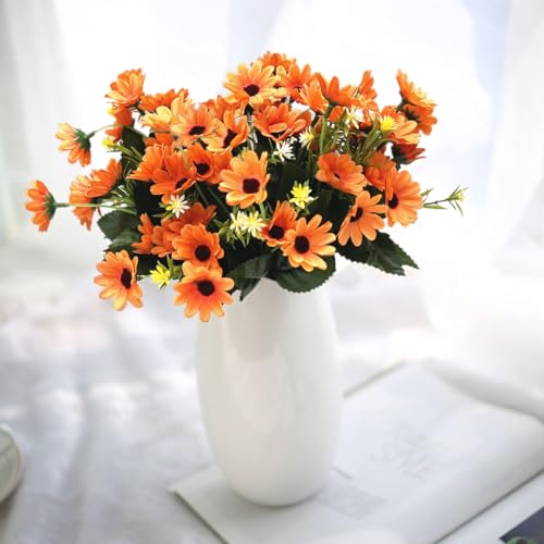 CATTREE Artificial Flowers Orange Daisy, Faux Silk Mini Daisies Realistic Flower Bouquet Plastic Plants for Indoor Porch Window Box Garden Wedding Party Greenery Shrubs DIY Filler Decoration 4 Pack - color: Daisy - Orange - 4 Bundles
