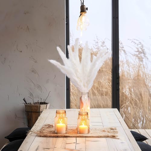 White Pampas Grass in Glass Vase with LED Lights & Faux Crystals, Dried Flowers Modern Floral Centerpiece for Home Decors Living Room Office Wedding Boho Farmhouse Table Decor - color: White With Glass Vase