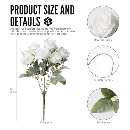 Fake Roses White Roses Artificial Roses Fake Rose Silk Roses Artificial Roses with Stems 24 Full Flower Heads Faux Roses for Indoor Centerpieces home Wedding Farmhouse Decoration No Vase (4PCS,White) - color: White 4pcs