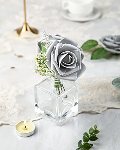 DuHouse 25Pcs Artificial Roses Flowers Fake Roses with Stems Real Touch Foam Flowers for DIY Wedding Bouquet Centerpiece Floral Arrangement Party Home Decor(Grey) - color: Grey, size: 25pcs