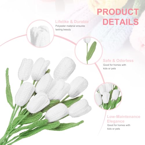 MECCANIXITY Tulip Crochet Flowers, Artificial Knitted Tulip Flower Completed Handmade Tulips Bouquet for Gift Home Birthday Wedding Decoration, White Pack of 10 - color: White