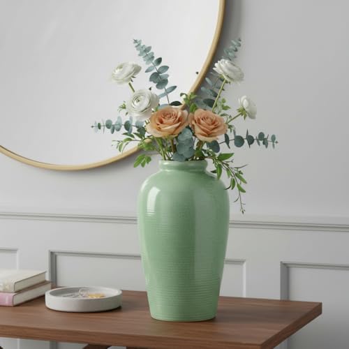 Green Ceramic Vase - 11 Inch Tall Modern Flower Vase for Pampas Grass, Pottery Decorative Vase for Centerpieces, Farmhouse Decor, Living Room, Kitchen, Shelf, Table Decor - color: Green