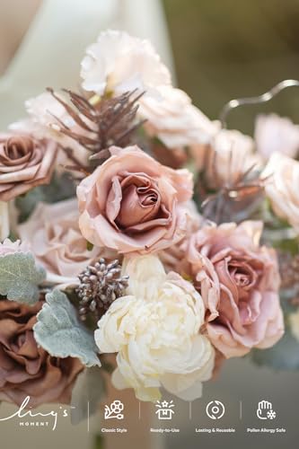 Ling's moment Fake Flowers Box, Faux Artificial Greenery Stems Foam Roses Silk Peonies Fabic Flower for Centerpieces Bouquet Wedding Vase Decorations, Dusty Rose & Cream & Flocked Leaves, Grand Combo - color: Pk-dusty Rose & Cream & Flocked Leaves, size: