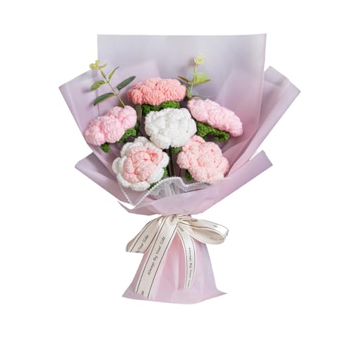Completed Pink Crochet Flowers Bouquet, Handmade Knitted Bouquet, Crochet Artificial Flowers for Mother's Day Birthday, Wedding Home Decor, Gifts for Mom (Rose) - style: Rose