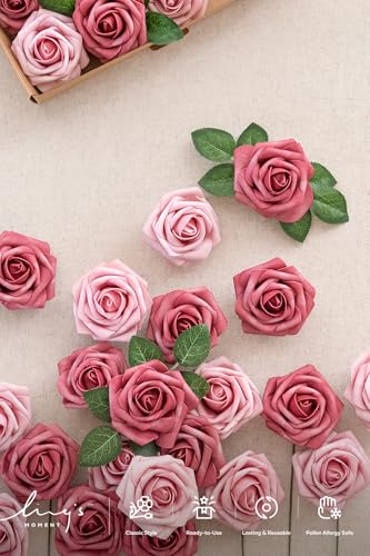 Ling's moment Artificial Roses, Cinnamon Rose & Shabby Pink, 3 Inch 25 Pcs | Foam Material, With Stems, DIY Floral, Wedding Bouquet/Centerpieces, Party/Room/Garden Decor - color: Pk- Cinnamon Rose & Shabby Pink, size: 25Pcs