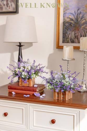 WELL KNOWN Artificial Lavender Plants in Wooden Baskets, Artificial Mini White Flower Arrangement in Planter for Home Hotel Office Table Wedding Centerpieces & Gift(Set of 2) - color: Lavender