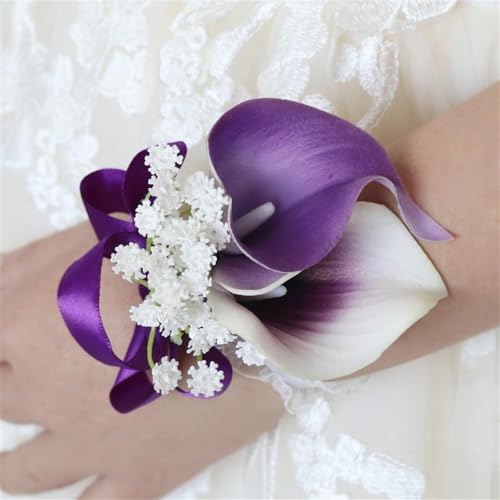 Artificial Purple Calla Lily Wrist Corsage Artificial Flowers Girl Mother Bridesmaid Bridal Wristband Wrist Corsages for Wedding Prom Homecoming Anniversary Purple Calla Lily Corsages - color: Purple Calla Lily Corsages