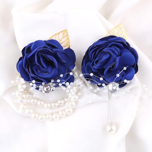 WANLIAN Blue Bridesmaid Wrist Corsage Wedding Flowers Prom Rose Corsage and Boutonniere Set for Wedding Party Prom Wedding Ceremony Anniversary Set of 2(Blue) - color: Blue