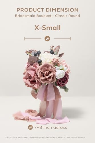 Ling's moment Artificial Bridesmaid Bouquets Set of 4,Dusty Rose Wedding Flower Bouquets Mauve Floral Bouquet Bridal Bouquets with Ribbon,Ceremony,Anniversary,7-inch Diameter - color: Pk-dusty Rose & Mauve