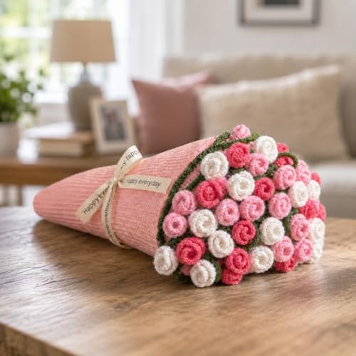 Crochet Flower Bouquet Throw Blanket, Cute Romantic Gift for Her Girlfriend Mom Mother’s Day Valentine Wedding Anniversary Birthday (Pink, 60 inches) - color: Pink, size: 60 inches