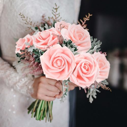 50 Pcs Artificial Foam Rose Flower Faux Bouquet Wedding Fake Rose Gift for Mother's Day Women DIY Bridal Shower Party Table Birthday Home Spring Decor (Pink) - color: Pink