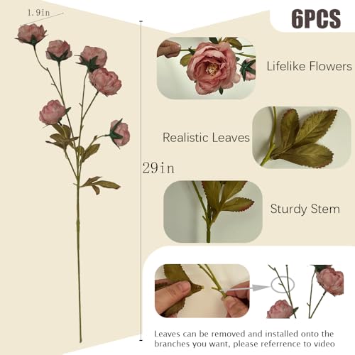 6 Pack 30" Artificial Peonies Flowers for Vase, Fake Silk Peony Long Stem Flowers for DIY Bouquets Wedding Centerpieces Home Decor (Dusty Pink) - color: Dusty Pink