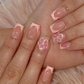 French Tip Press on Nails Square Short Fake Nails Full Cover Cherry Blossoms Nails with Pearl Design Cute Glue on Nails Nude Pink Artificial False Nails Flower Acrylic Nails for Women Girls 24Pcs