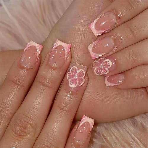 French Tip Press on Nails Square Short Fake Nails Full Cover Cherry Blossoms Nails with Pearl Design Cute Glue on Nails Nude Pink Artificial False Nails Flower Acrylic Nails for Women Girls 24Pcs