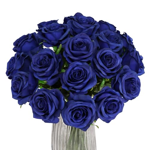 Blue Fake Roses Artificial Flowers - 10 Pcs Fake Artificial Roses Silk Flowers with Stems for Home Wedding Hotel Office Centerpiece Decor（Navy Blue） - color: Navy Blue, size: 10 Pcs