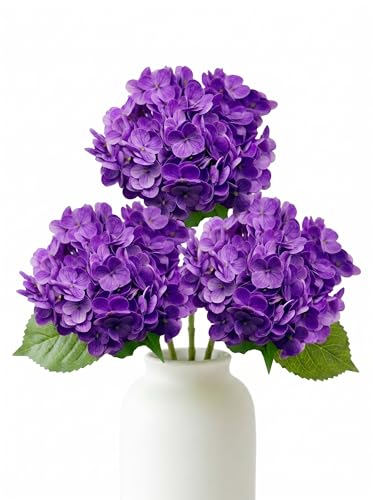 3 Pcs Real Touch Purple Hydrangea Artificial Flowers - 20" Large Jumbo 3D Latex Lilac Faux Hydrangeas for Elegant Home Decor, Wedding Centerpieces, Dining Table Vase Arrangement (Purple) - color: Purple