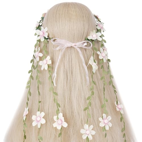 White Fairy Flower Headpiece, Bohemian Daisy Floral Headband, Handmade Forest Woodland Vine Flower Crown for Women Bridal Wedding Renaissance Party Cosplay Costume Hair Accessories - color: White