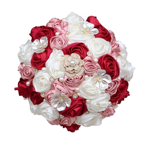 Bridal Wedding Bouquet with Rhinestone Brooch Pearl for Bride Bridesmaid Wedding Quinceanera Satin Rose Flower Bouquet Burgundy and Blush Pink Ivory 9.8in - color: Burgundy Blush & Ivory 1, size: Extra-large (DIA. 9.8"/25cm)
