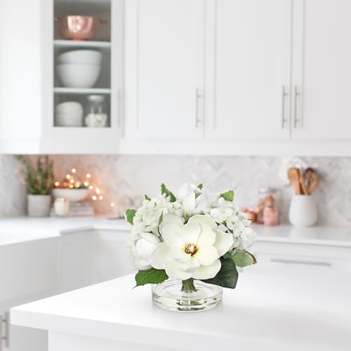 Briful Artificial Magnolia and Hydrangea Flower Arrangement in Glass Vase 9.4" Realistic White Silk Fake Flower with Faux Water Fake Floral Centerpieces for Home Room Office Table Shelf Décor - color: White