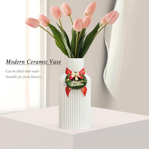 Pure White Ceramic Flower Vase for Christmas, Minimalist Modern Home Decor, Matte Finish Pampas Grass Vase for Table, Fireplace, Shelf, Mantel, Entryway and Centerpieces - color: Pure White, size: 8in