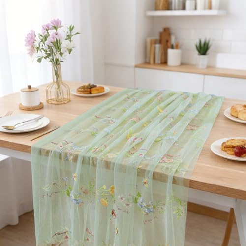 BINBE 1pcs Sage Green Florals Table Runner Embroidery Gauze 10FT Daisy Seasonal Tulle Birthday Wedding Holiday Kitchen Dining Table Decor for Home Party - color: Sage Green, size: 10ft x 1pack