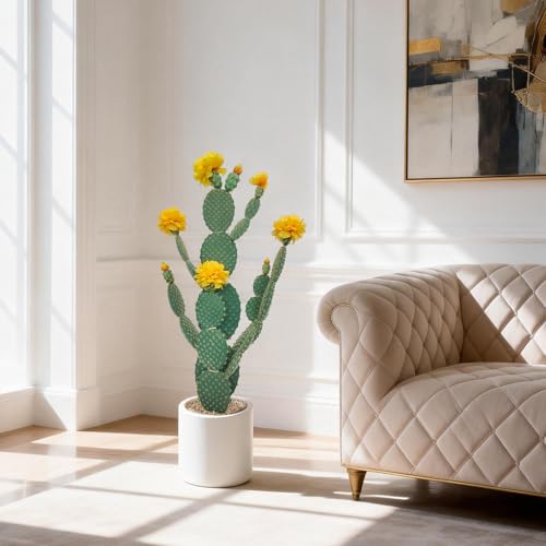 Artificial Cactus Plant, Tall UV Resistant Faux Cactus Plant, Realistic Texture Tall Fake Plant, Faux Desert Cacti Potted Plant with Planter for Indoor Outdoor Decoration - color: Yellow + Green