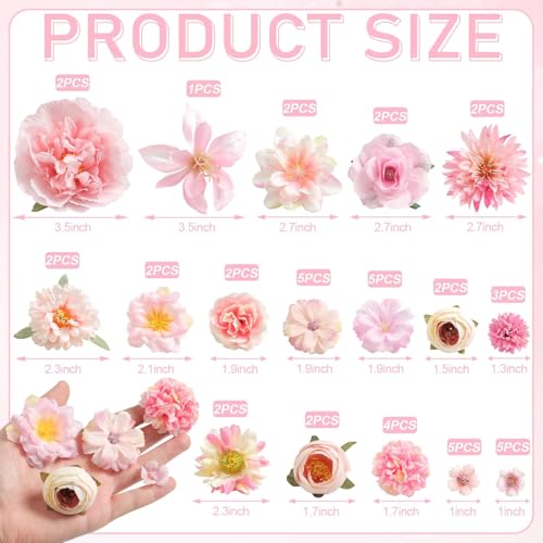 Artificial Flowers Heads Combo Pink Flowers Mix Silk Flowers Heads Faux Rose Bulk for Craft Garland Graduation Cap Wedding Bridal Baby Shower Home Party Decoration DIY Cake Decor - color: Pink