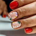 Flower Press on Nails Short Square Fake Nails Red Nude False Nails with Embossed Designs 3D Flowers Glossy Full Cover Stick on Nails Glue on Nails Spring Acrylic Nails for Women Girls 24 Pcs - color: Flower Square4